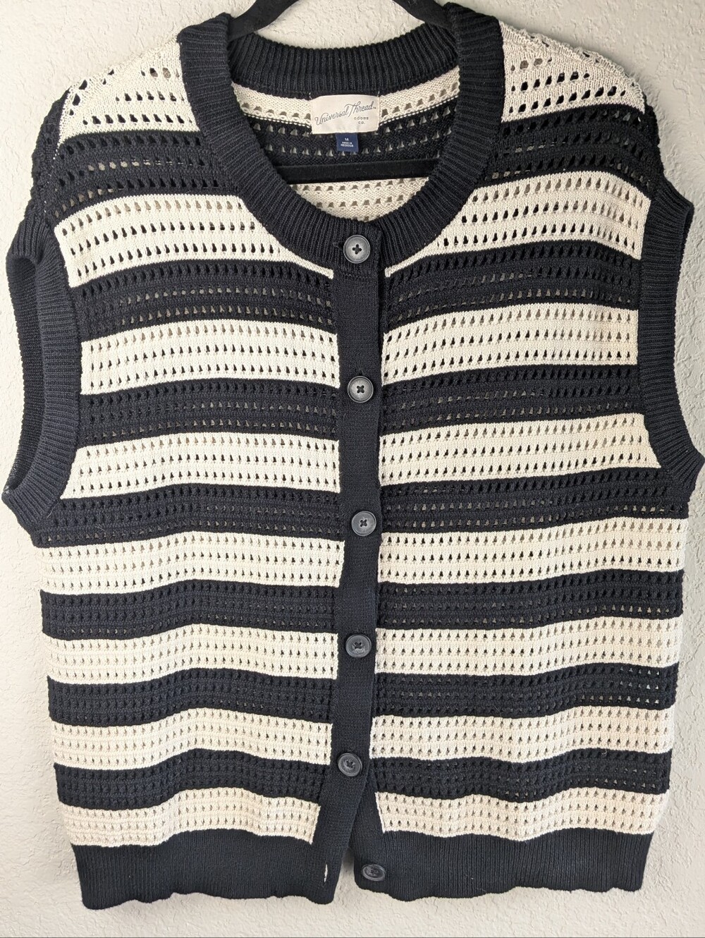Universal Thread Crochet Vest M Black Cream Stripes Cotton Blend Loose Weave